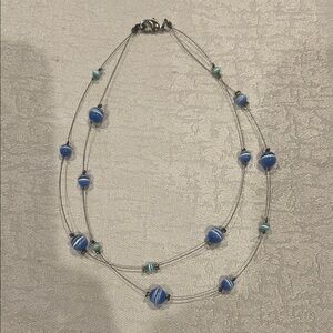 Layered Blue Striped Glass Bead Necklace - Unbranded